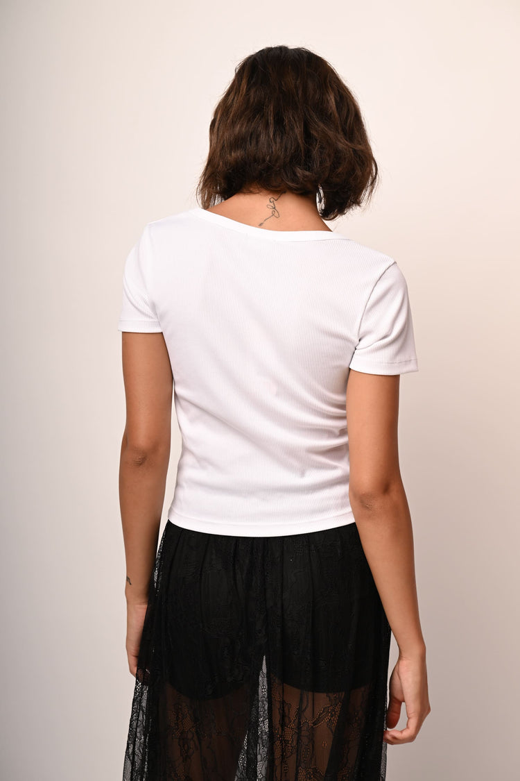 T-shirt con scollo a V a costine