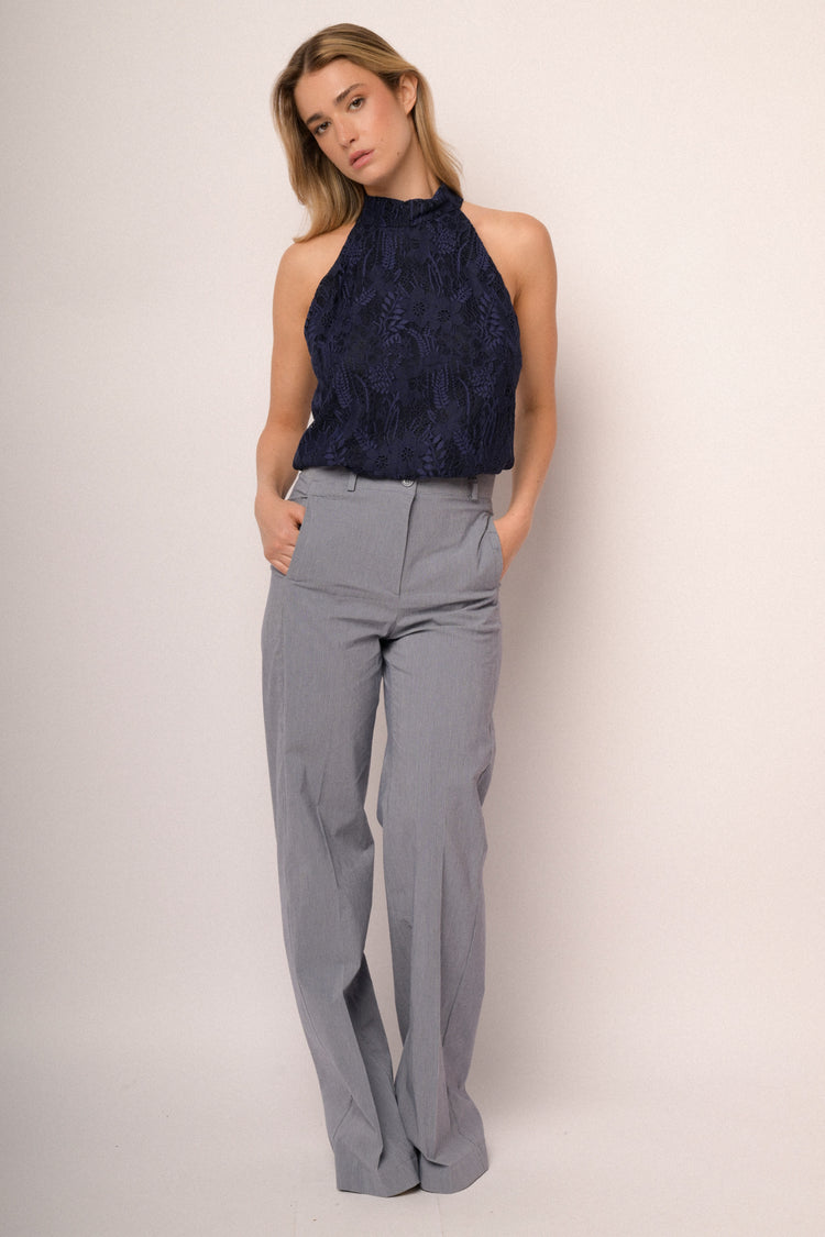 Pantaloni palazzo missione cotone a righe azzurre