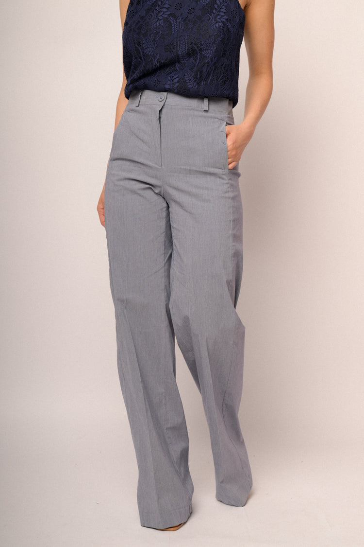 Pantaloni palazzo missione cotone a righe azzurre