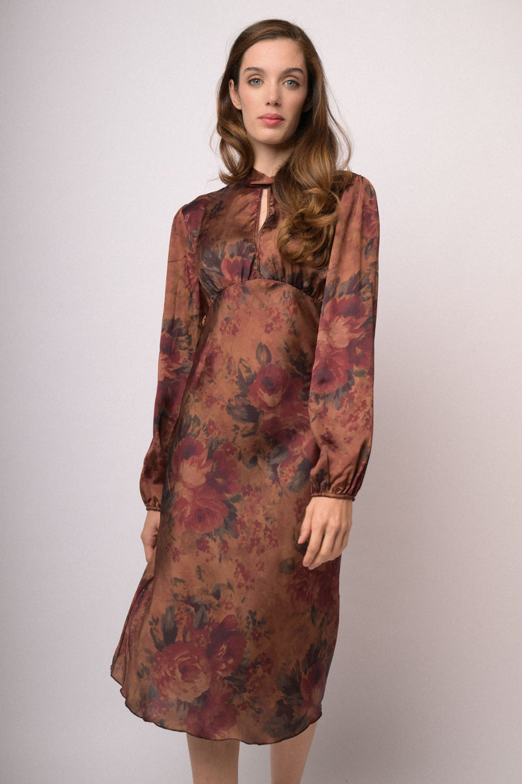 Abito midi floreale marrone e bordeaux