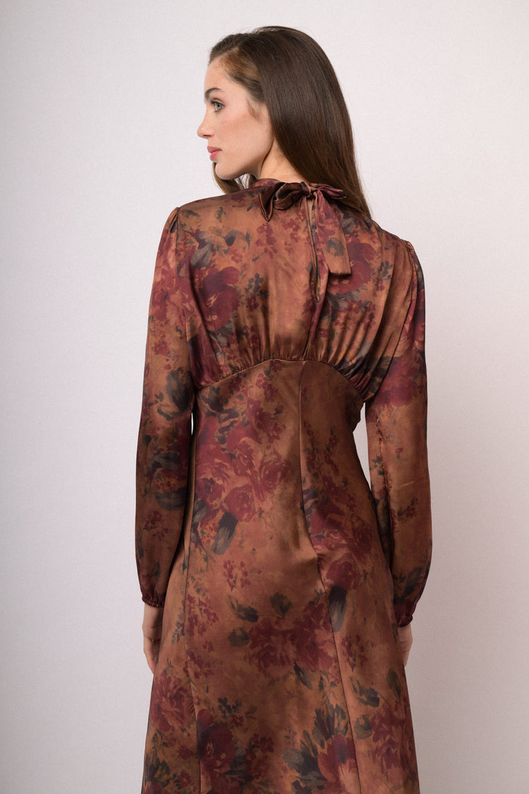 Abito midi floreale marrone e bordeaux