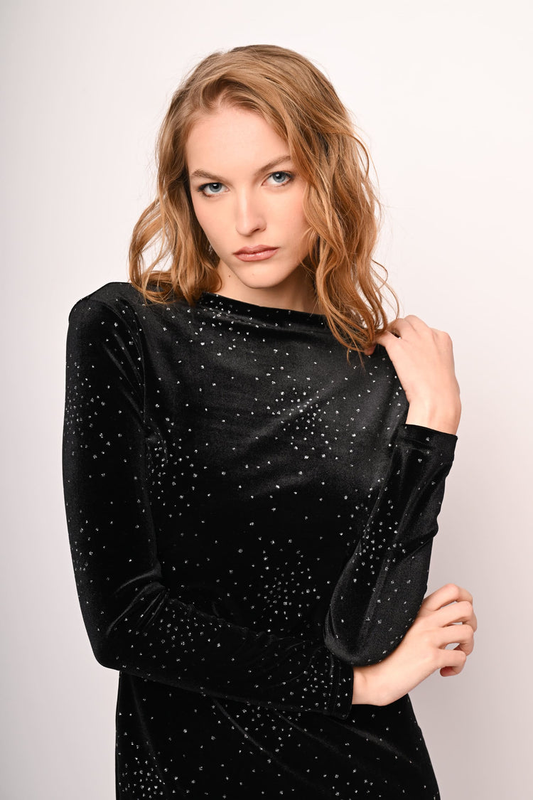 Abito in velluto con strass e cut-out