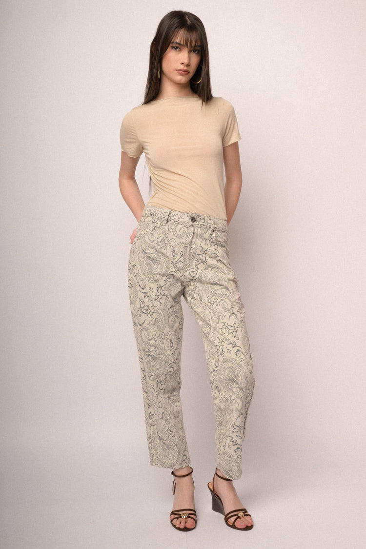 Jeans barrel-leg a stampa Paisley avorio