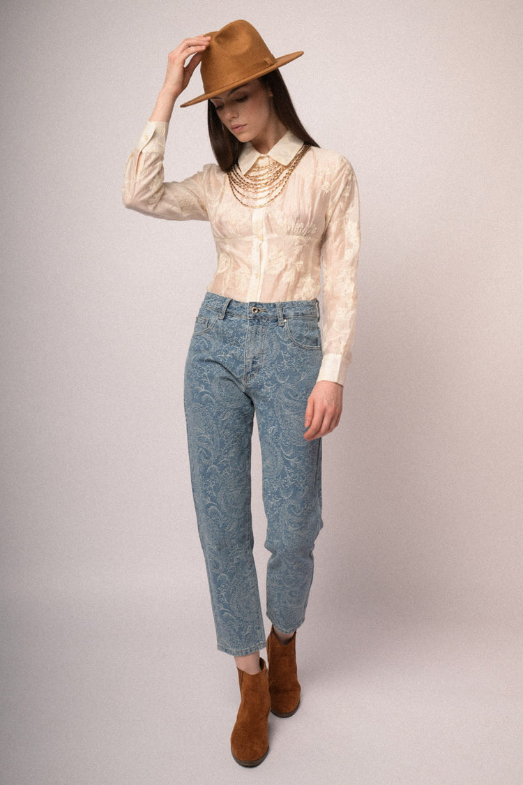 Jeans barrel-leg con motivo paisley azzurro