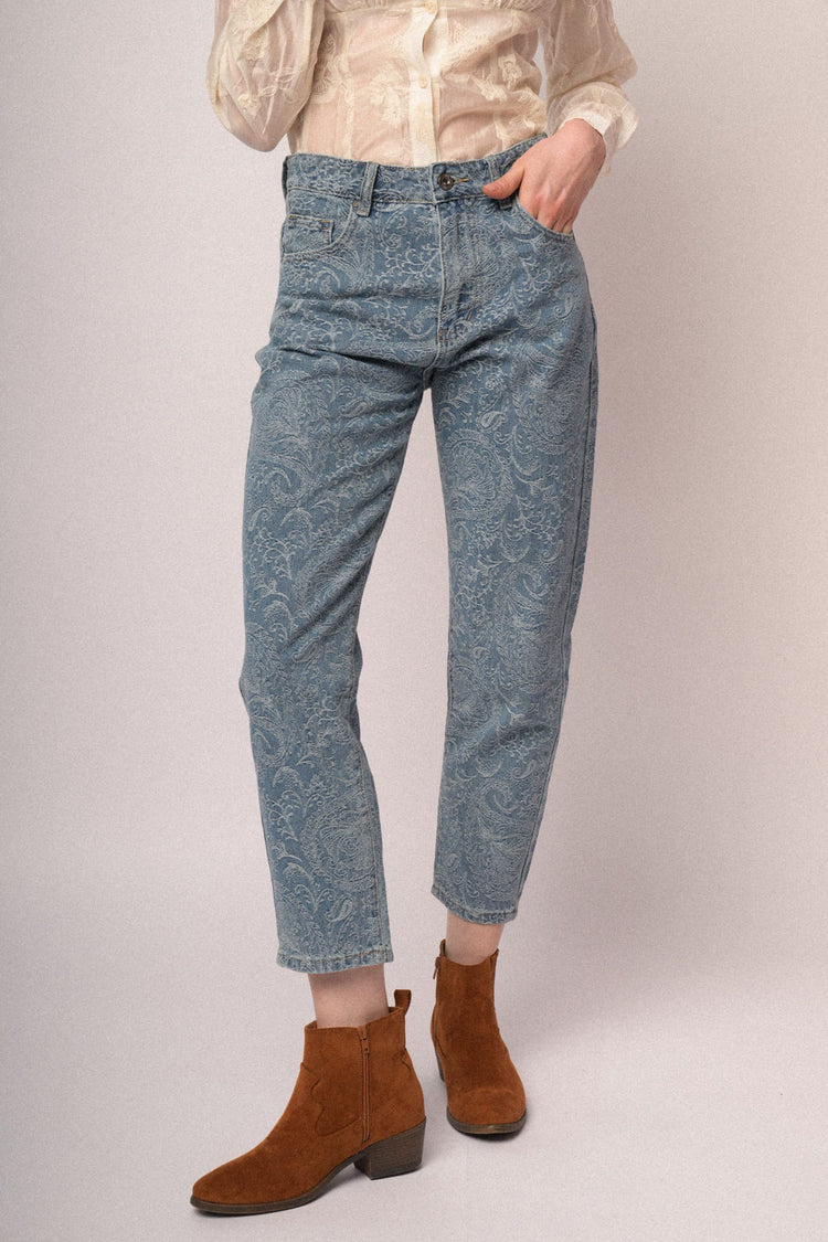Jeans barrel-leg con motivo paisley azzurro