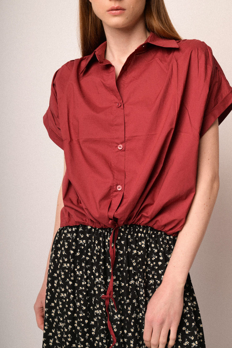 Camicia boxy-fit in cotone bordeaux con coulisse
