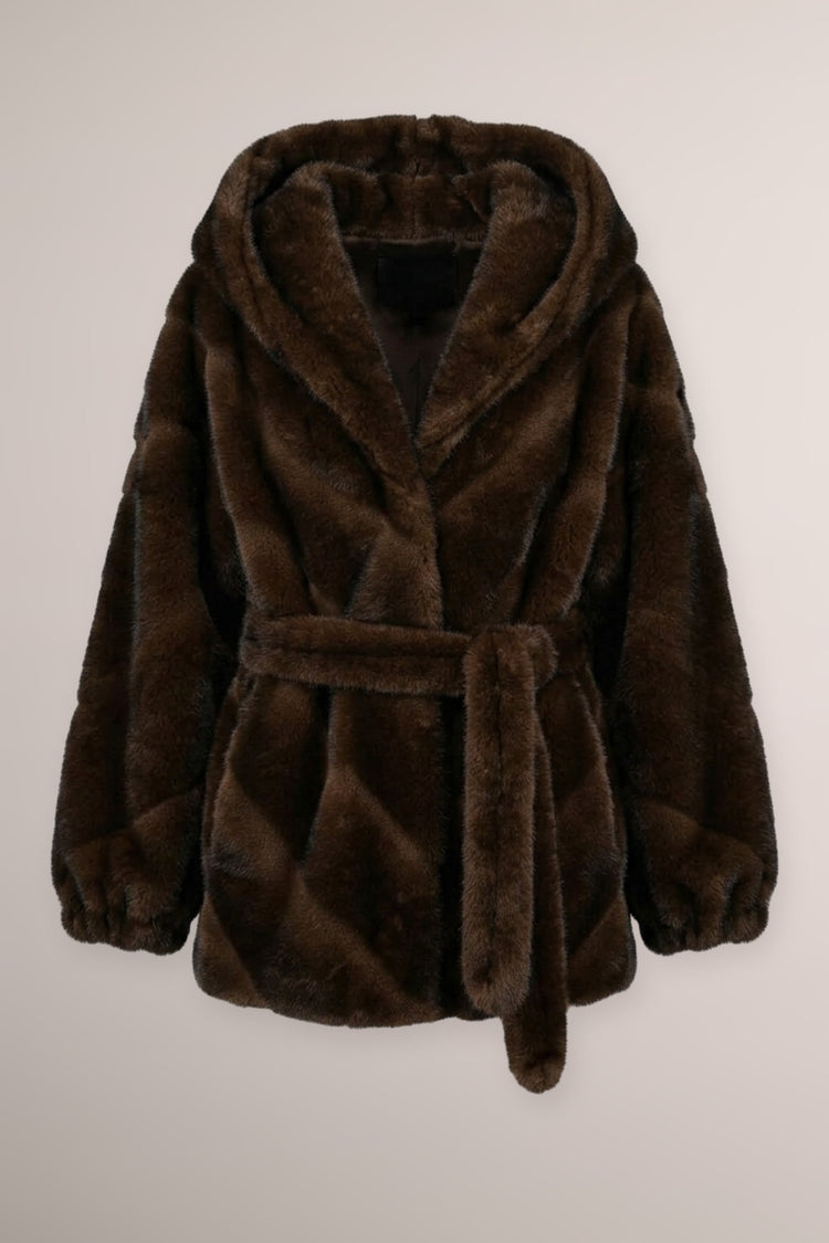 Giacca in faux fur cioccolato con cappuccio e cintura