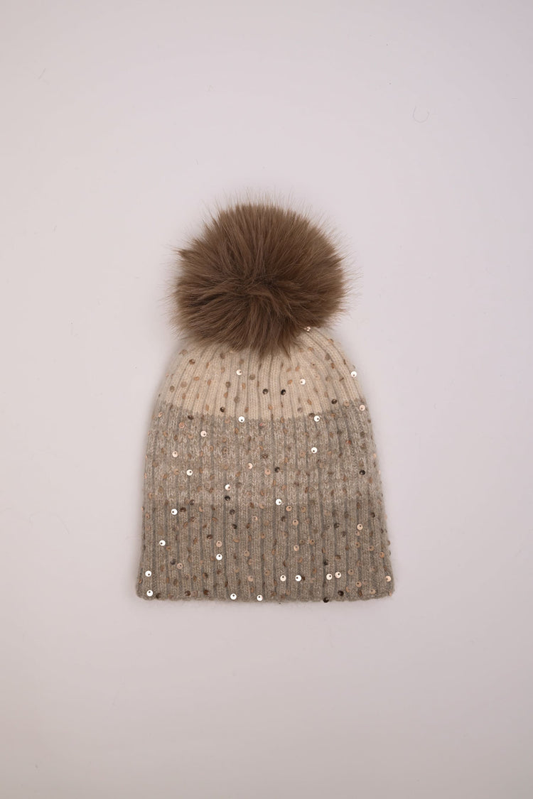 Berretto color-block con paillettes e pompon