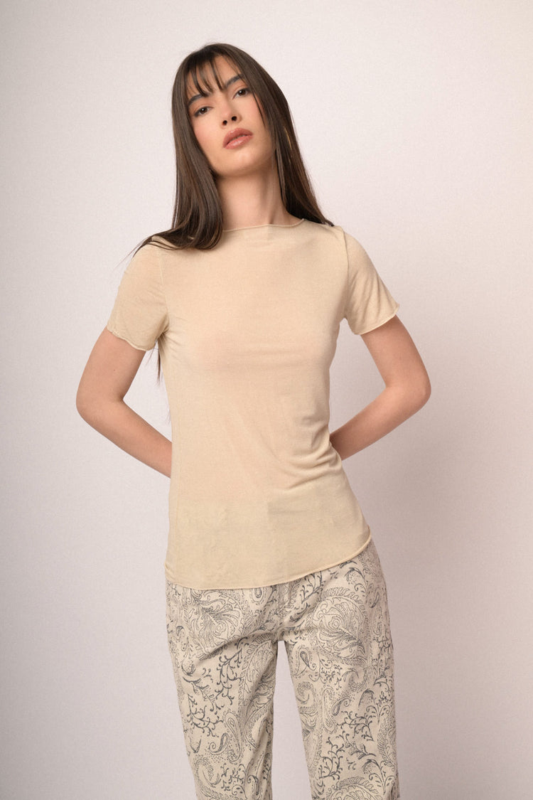 T-shirt in viscosa e seta beige
