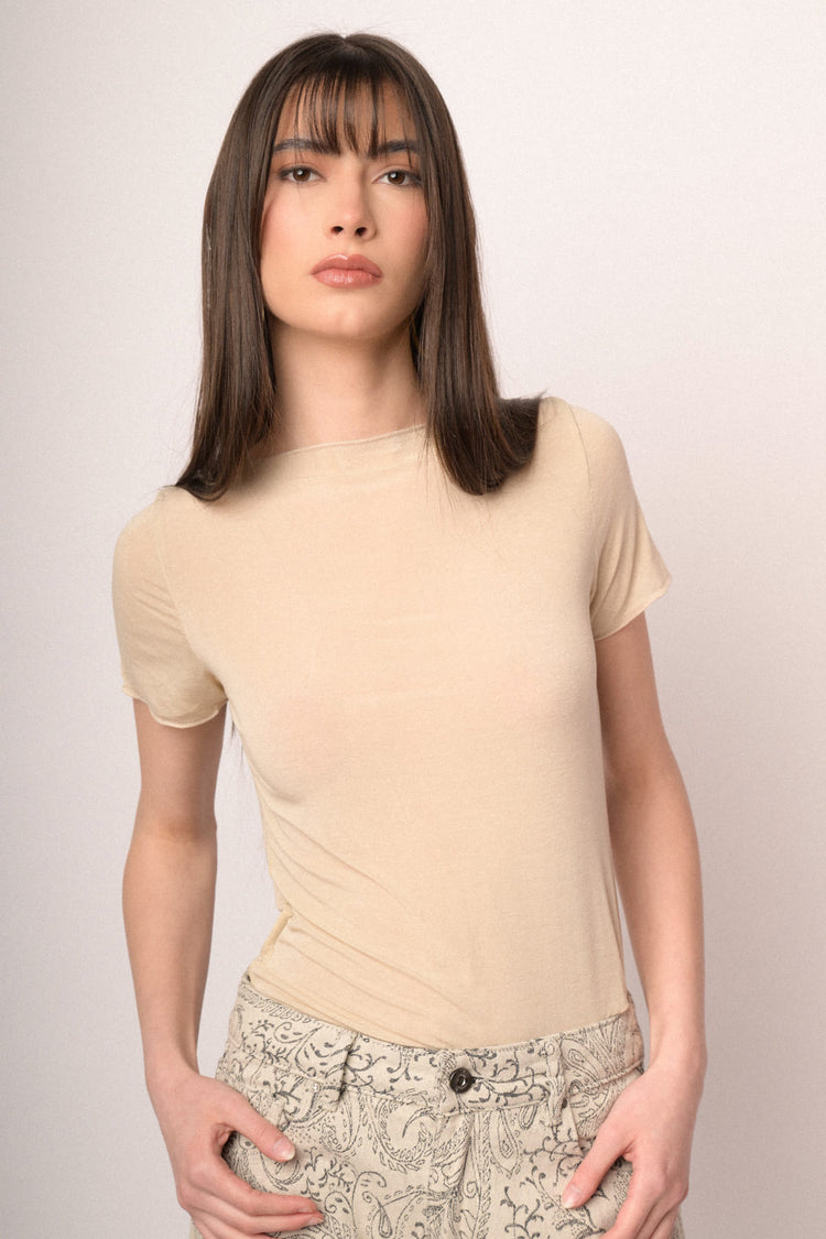 T-shirt in viscosa e seta beige