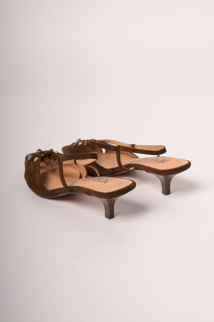 Slingback in faux suede ebano con pietre multicolor