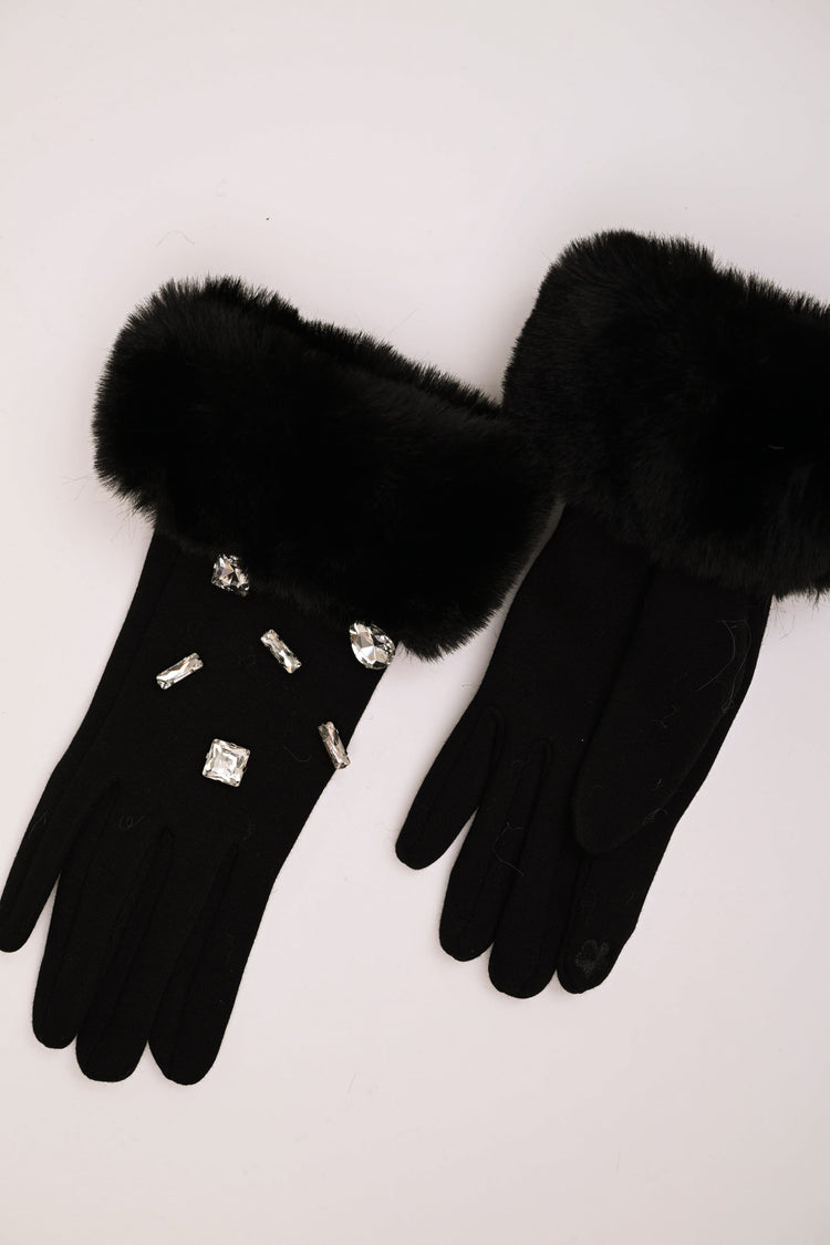 Guanti con polsini in faux fur e strass