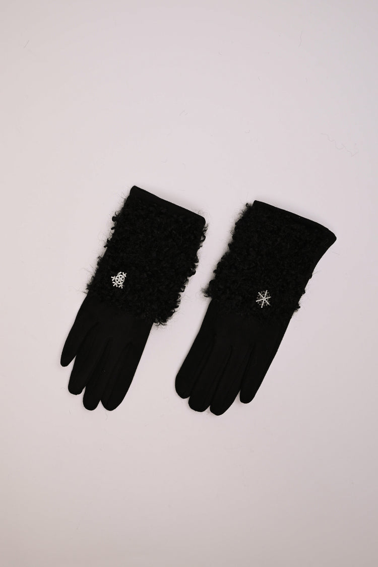 Guanti con decorazione in shearling + spilla