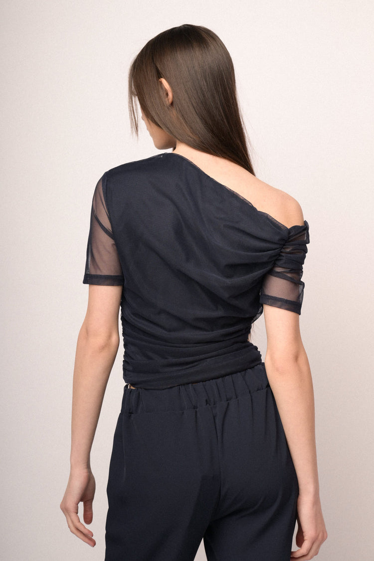 Top asimmetrico in tulle blu