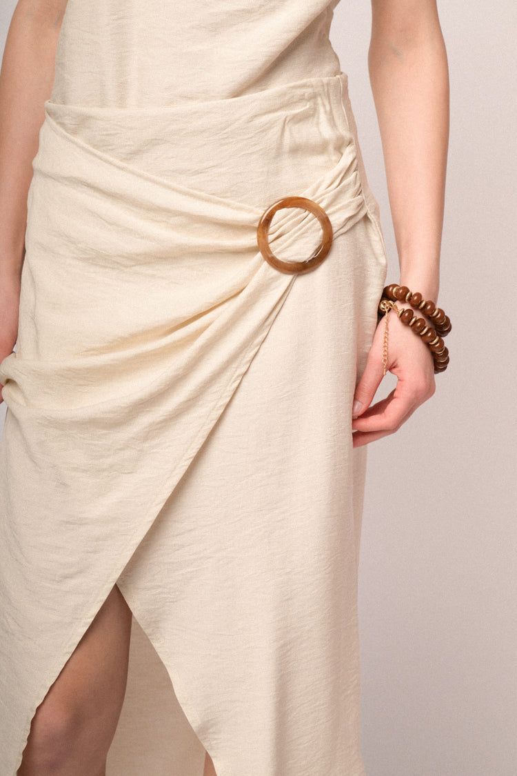 Gonna midi a portafoglio con fibbia beige