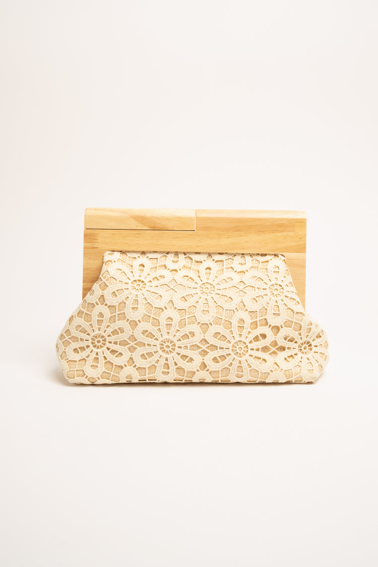 Pochette in legno e pizzo beige