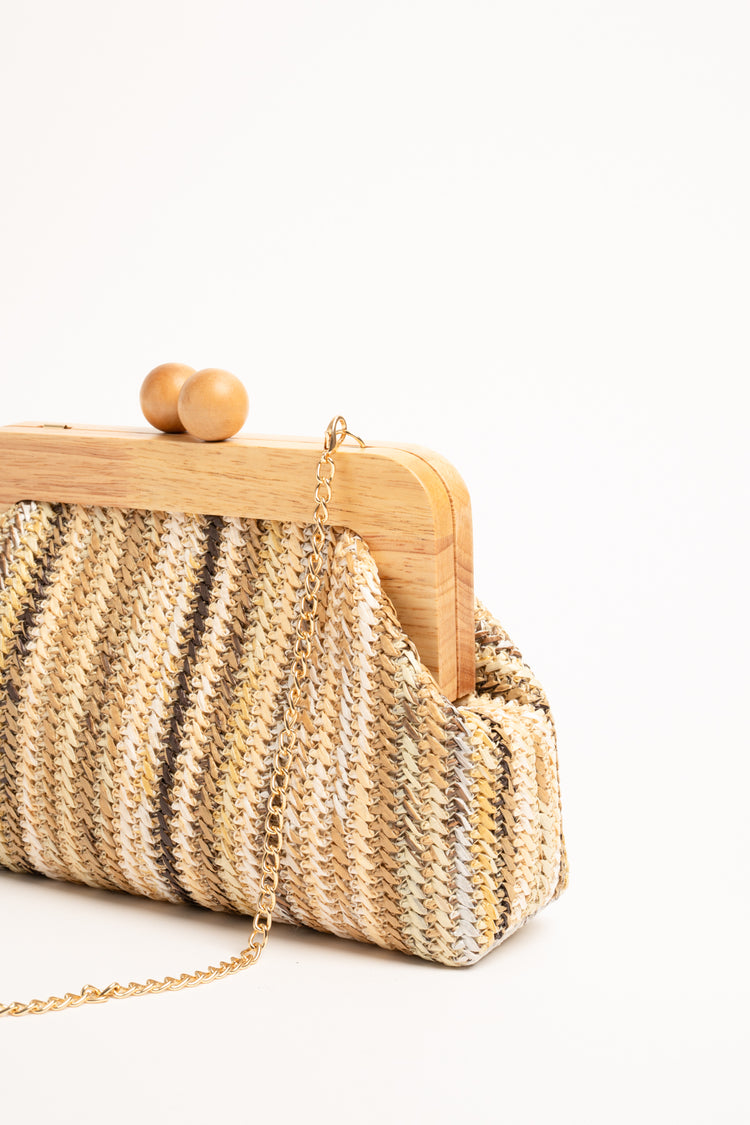 Pochette in paglia a righe beige