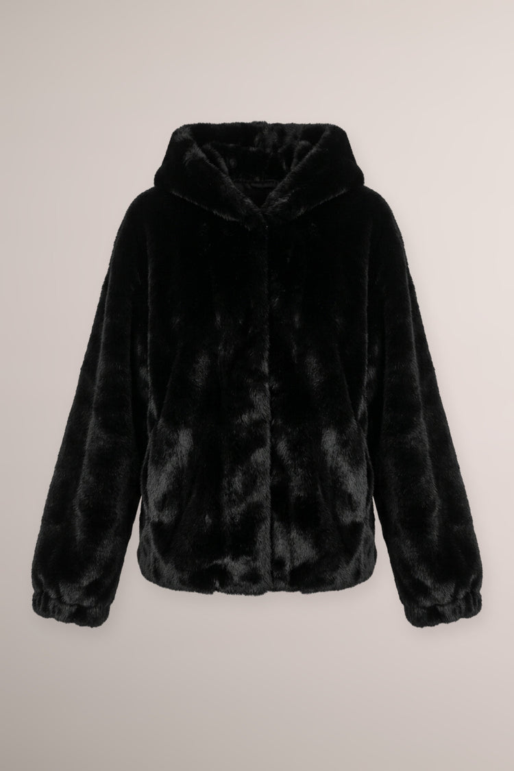 Giacca in faux fur nero con cappuccio