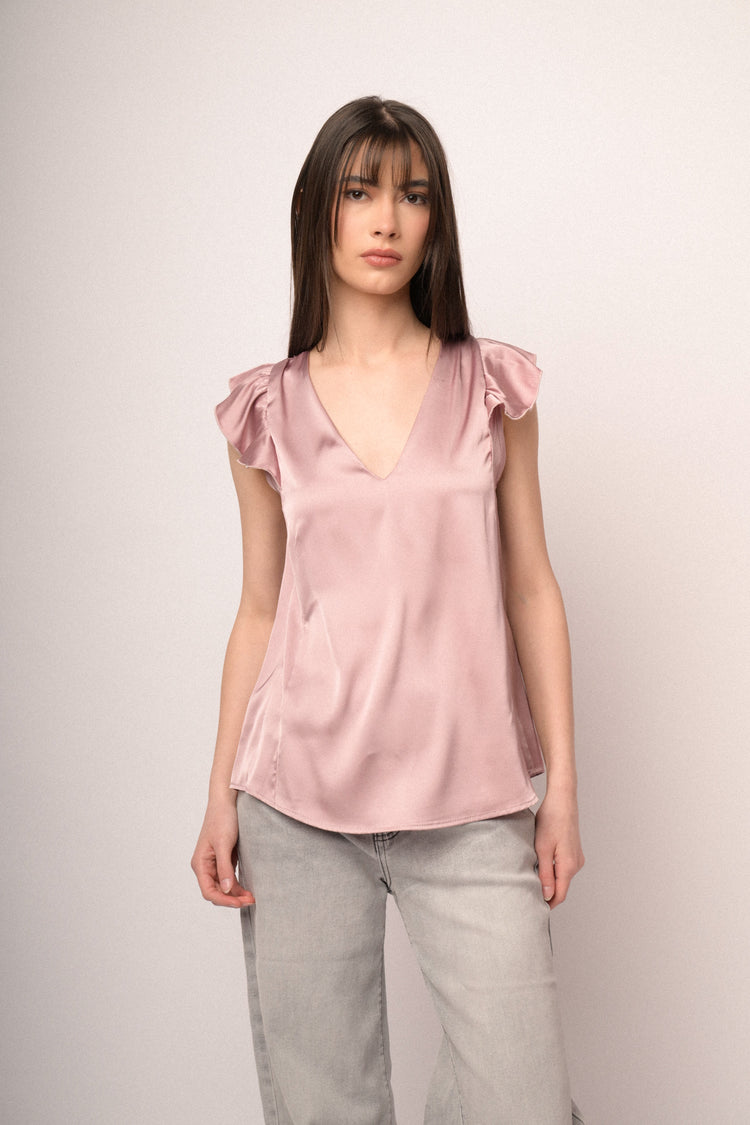 Top in raso rosa con scollo a V e maniche ad aletta