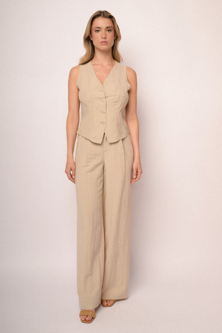 Pantaloni palazzo con cintura in pizzo beige