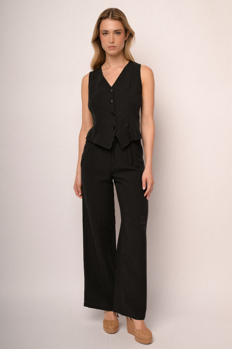 Pantaloni palazzo con cintura in pizzo nero