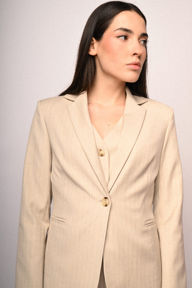 Blazer monopetto in gessato beige
