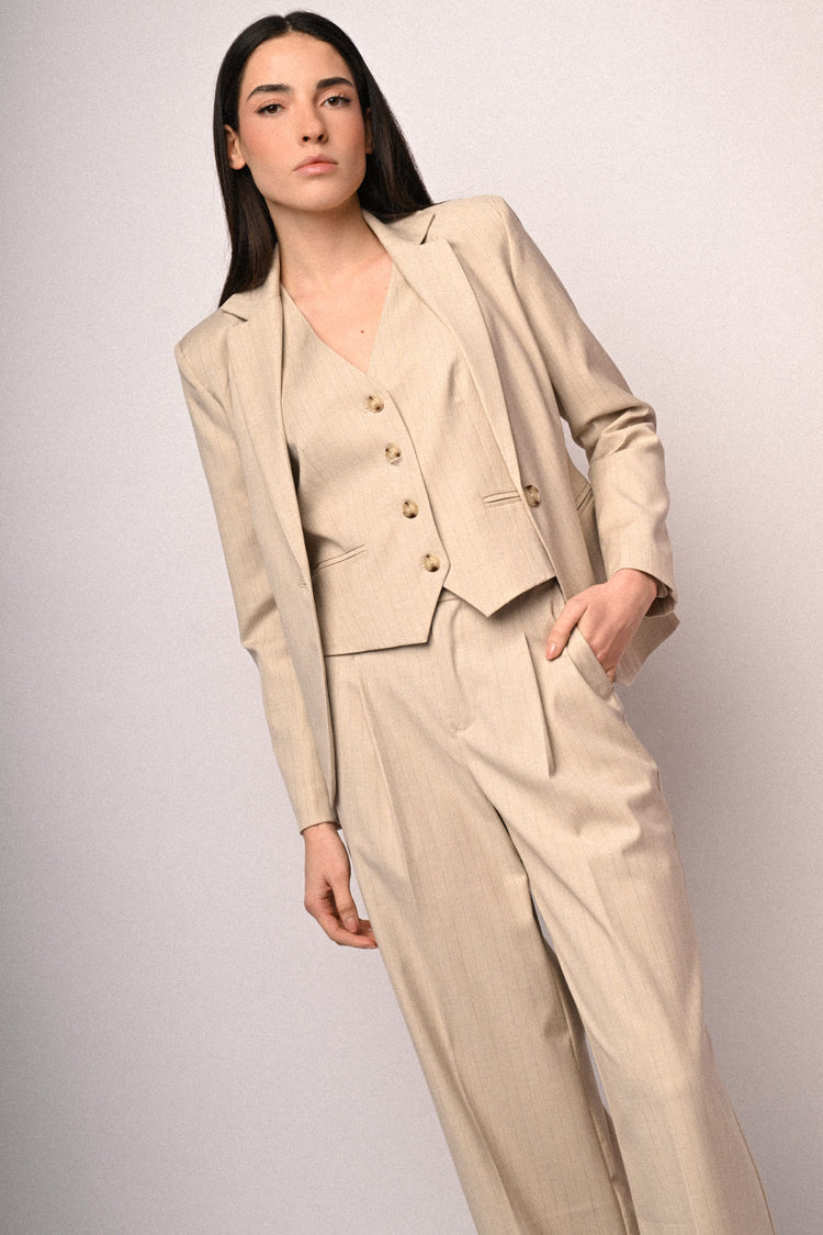 Blazer monopetto in gessato beige