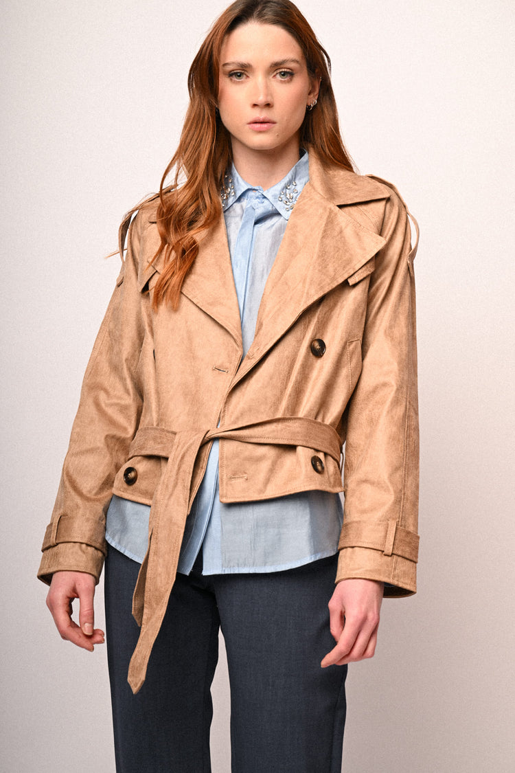 Trench crop in faux suede spalmato