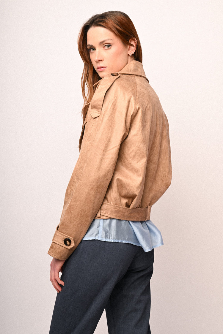Trench crop in faux suede spalmato
