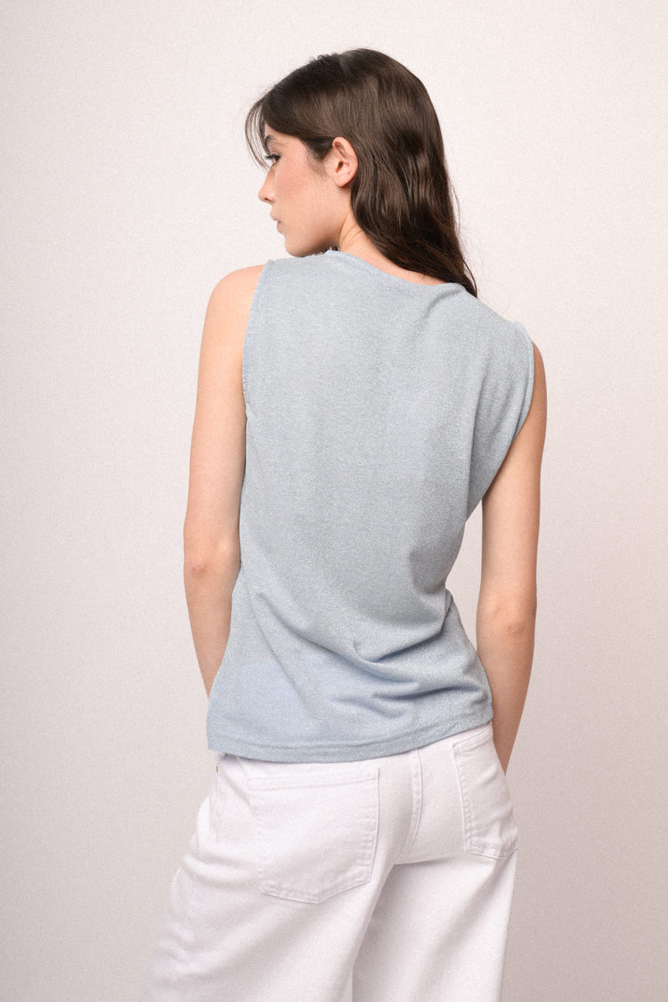 Top in maglia lurex celeste con nodo