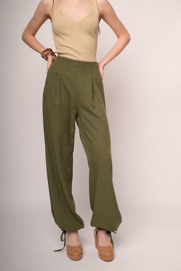 Pantaloni palazzo con coulisse allorlo verde oliva