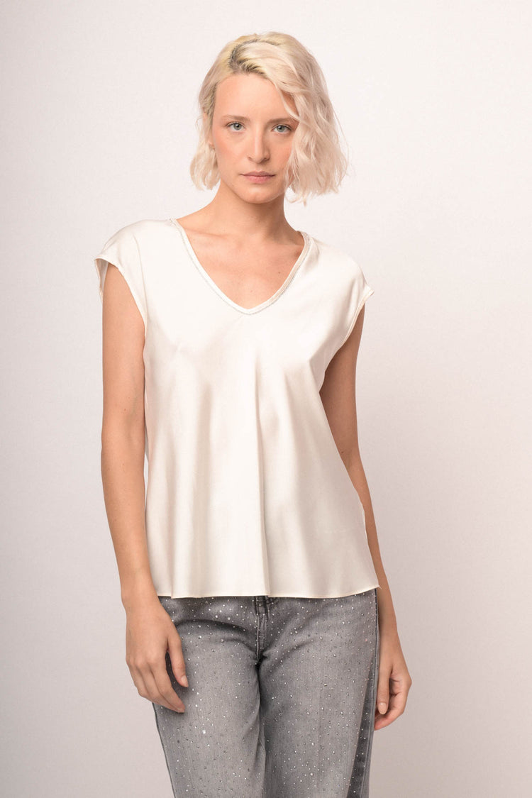 Top scollo V con strass