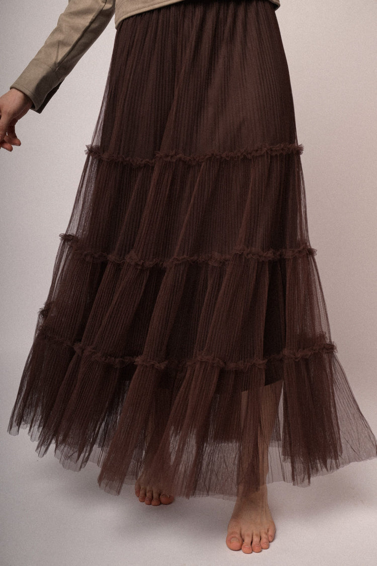 Gonna lunga in tulle cioccolato a balze