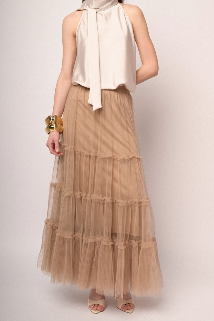 Gonna lunga in tulle a balze rosa cipria