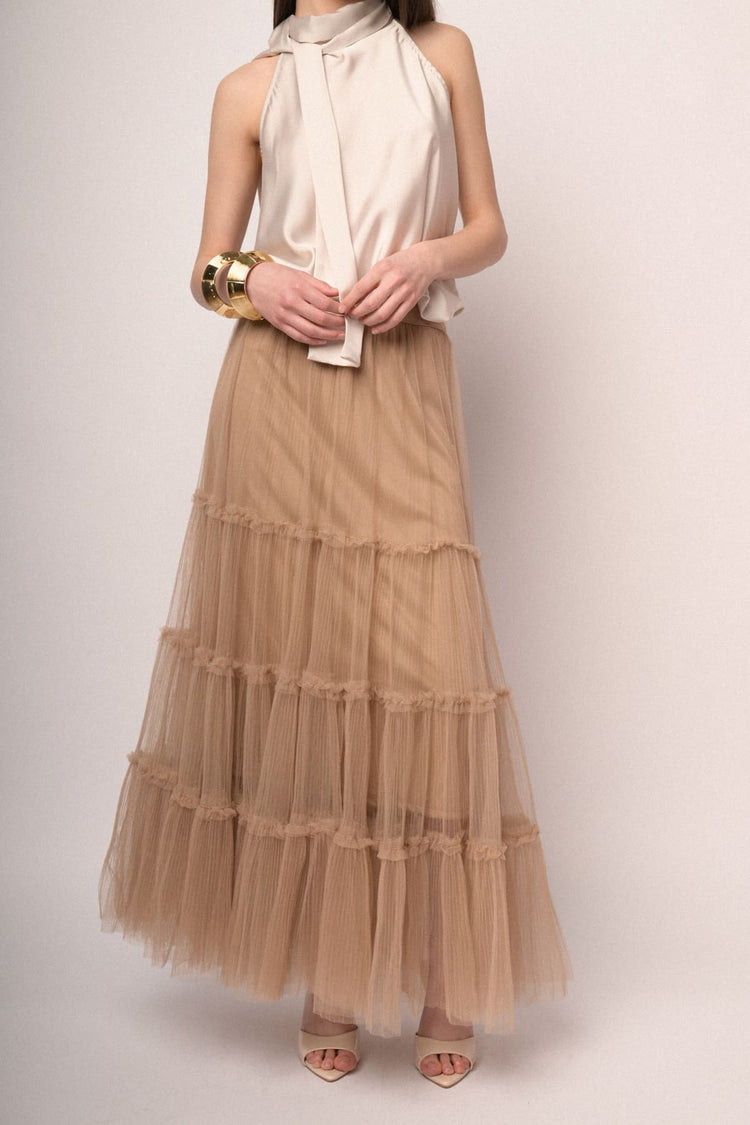 Gonna lunga in tulle a balze rosa cipria