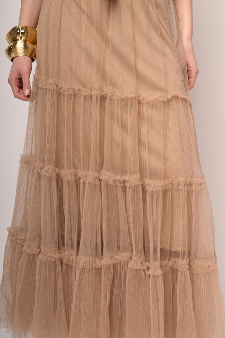 Gonna lunga in tulle a balze rosa cipria