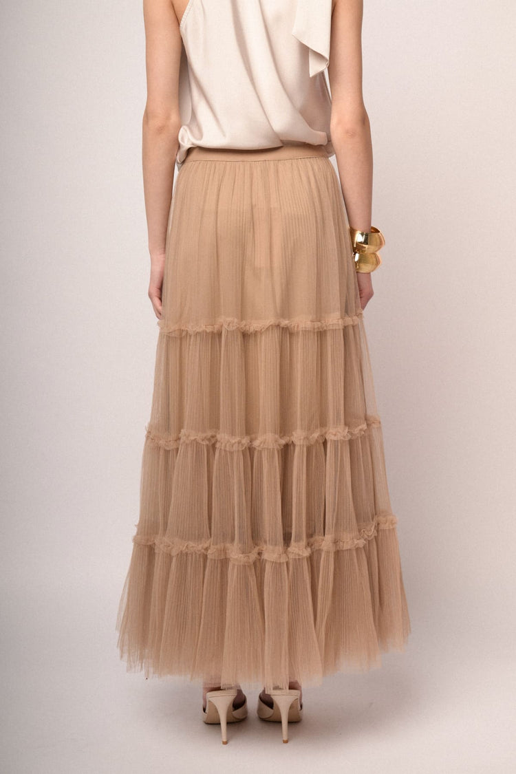 Gonna lunga in tulle a balze rosa cipria