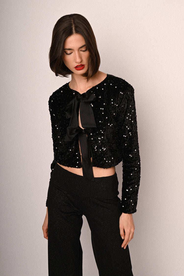 Cardigan crop in ciniglia con fiocchi e paillettes