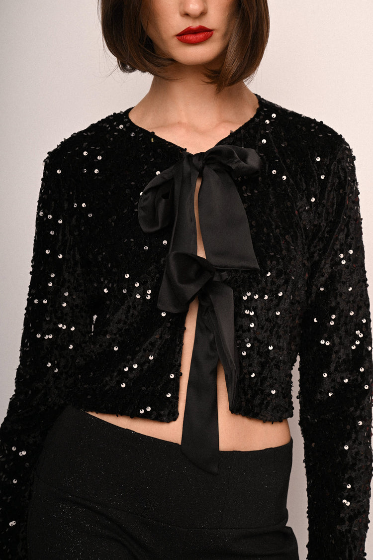 Cardigan crop in ciniglia con fiocchi e paillettes