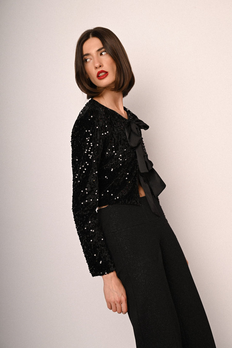 Cardigan crop in ciniglia con fiocchi e paillettes
