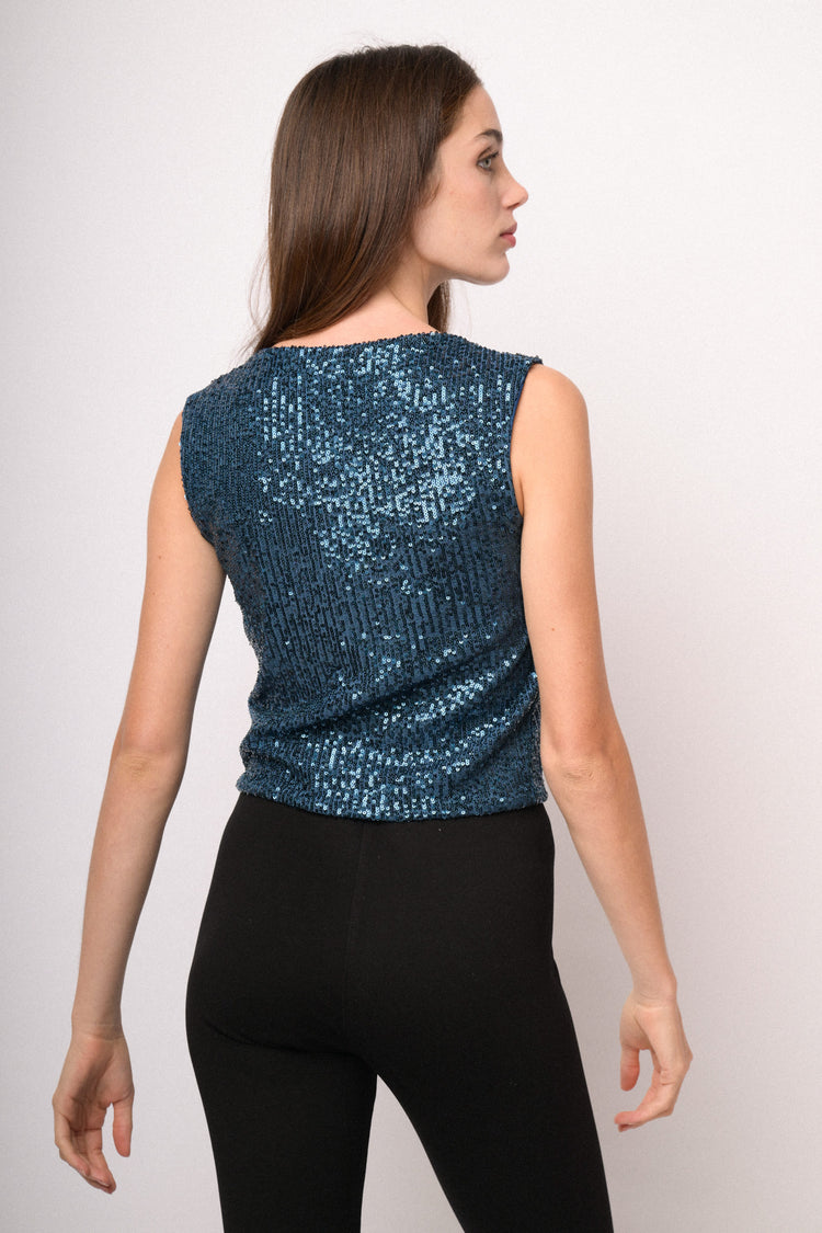 Top smanicato con paillettes blu petrolio