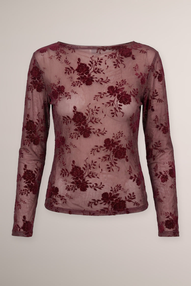Top in tulle dévoré floreale bordeaux