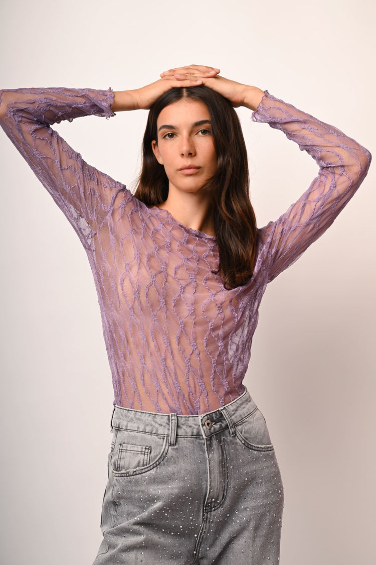 Top in tulle dévoré con scollo a barchetta
