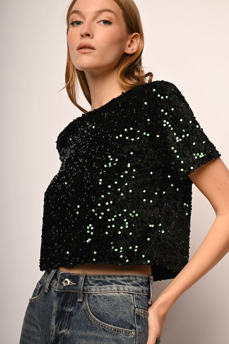 T-shirt in ciniglia con paillettes