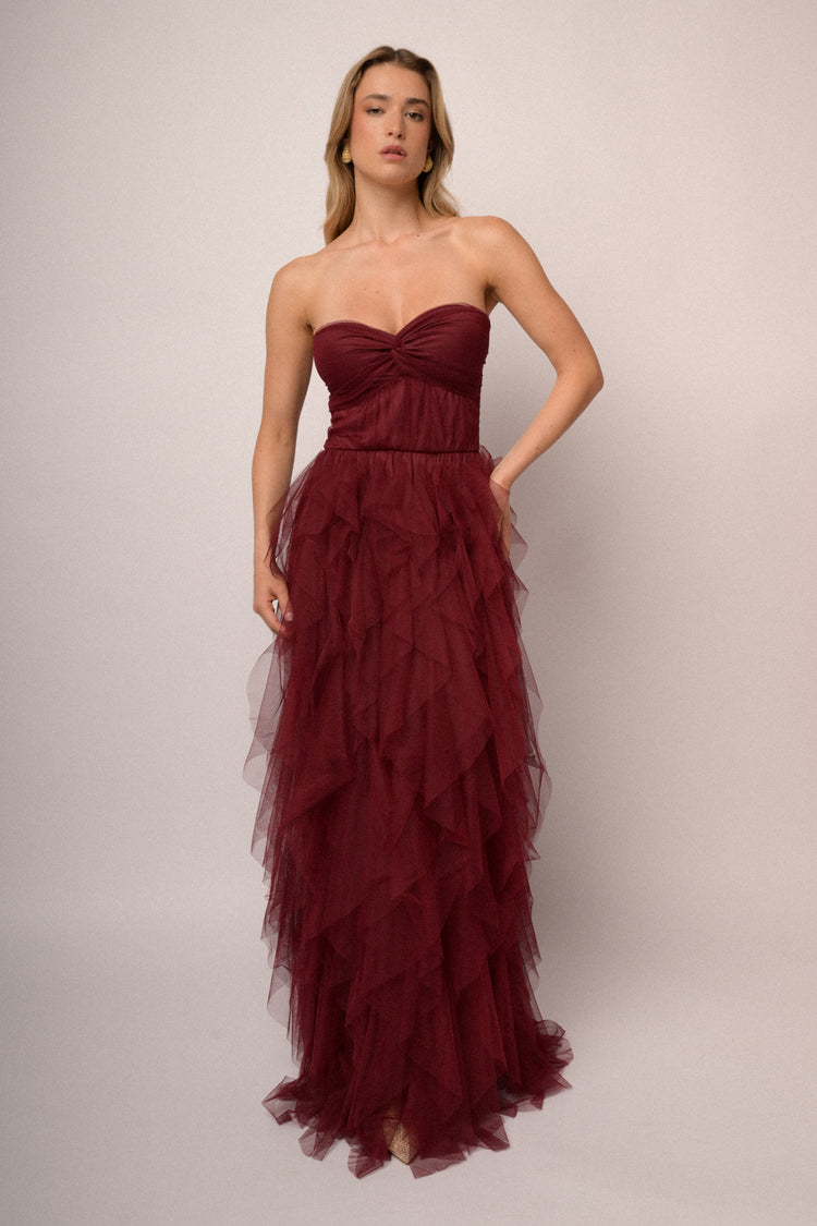 Abito lungo a bustier in tulle rosso