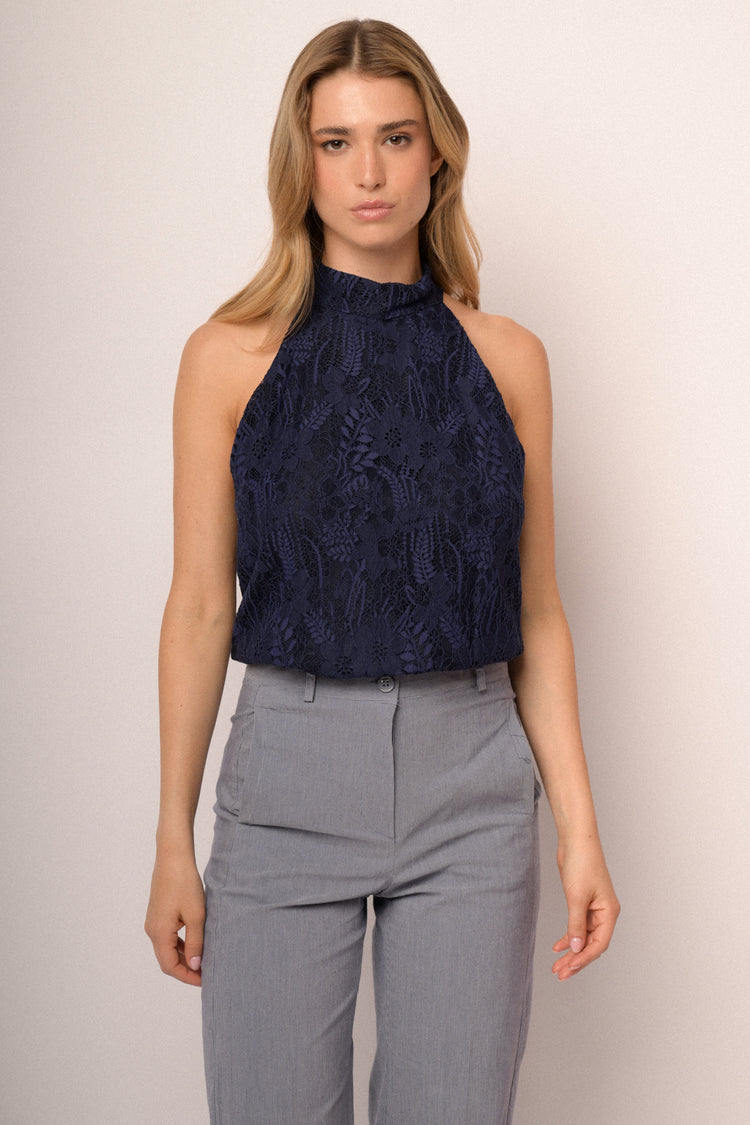 Top halter in pizzo floreale 3D blu