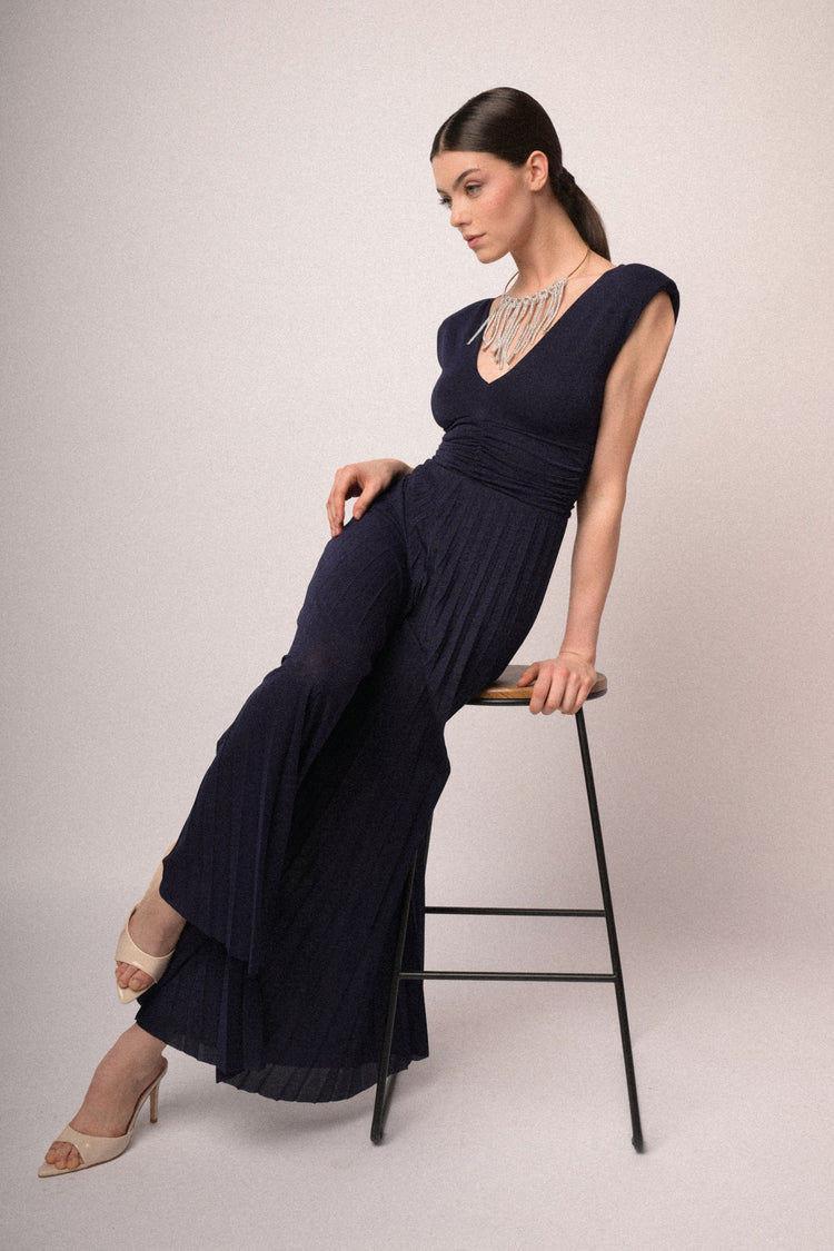 Tuta in plissé lurex blu