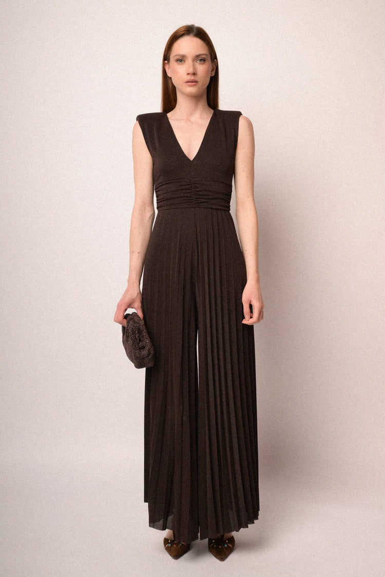 Tuta in plissé lurex cioccolato