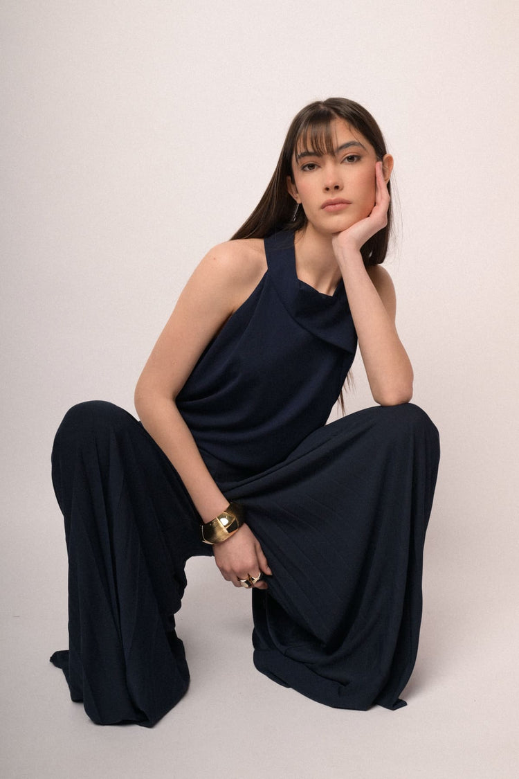 Pantaloni palazzo in tessuto plissé blu