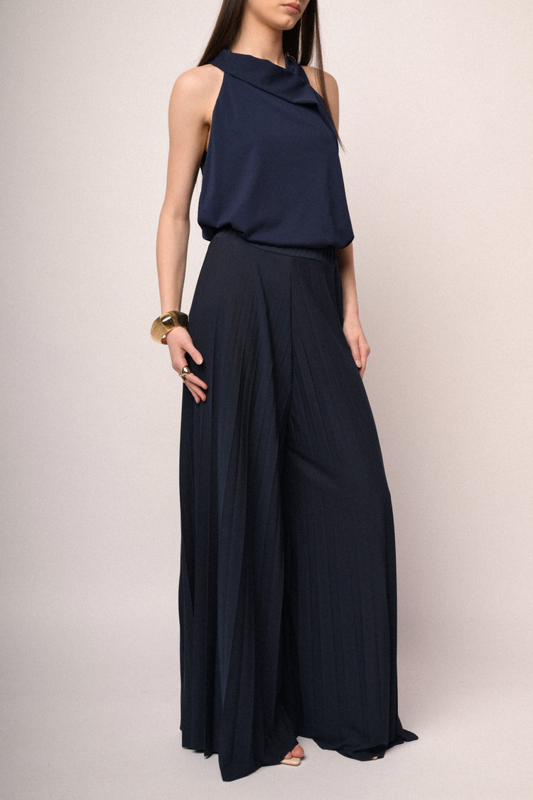 Pantaloni palazzo in tessuto plissé blu
